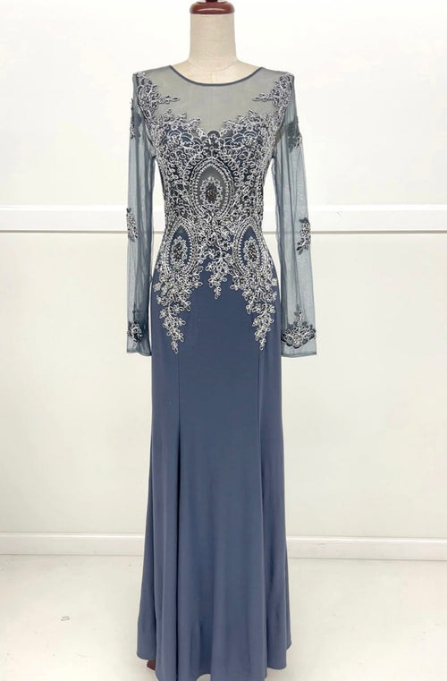 Chicas C3298 Elegant Evening Wine Mermaid Long-Sleeve Floor-Length Mesh Dress