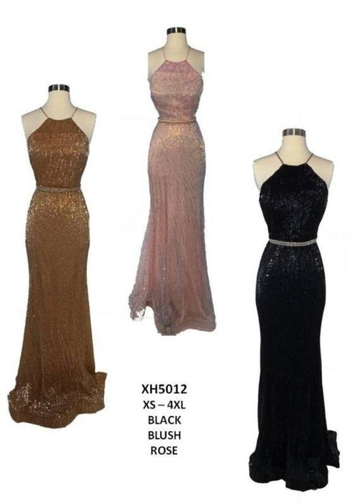 Chicas XH5012 Elegant Prom Black Halter Floor-Length Open-Back Fabric Dress