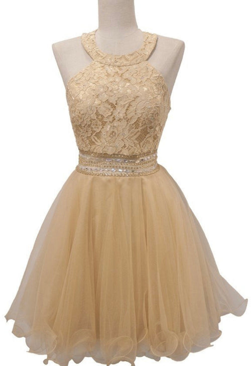 Chicas C3263 Party Blue Halter Short Beaded Style Tulle Dress