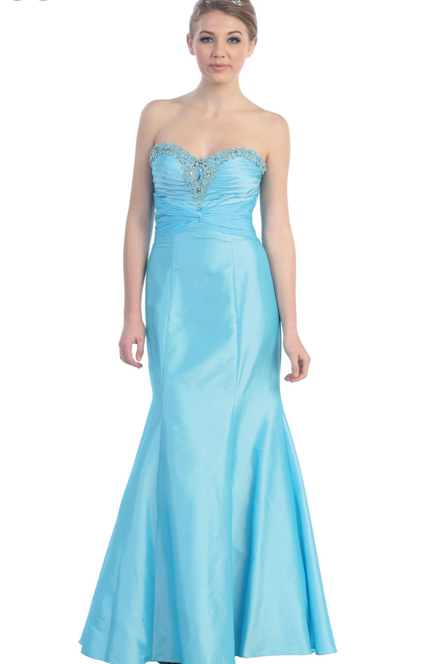 Chicas C3505 Evening Blue Strapless Floor-Length Shimmer Satin Dress