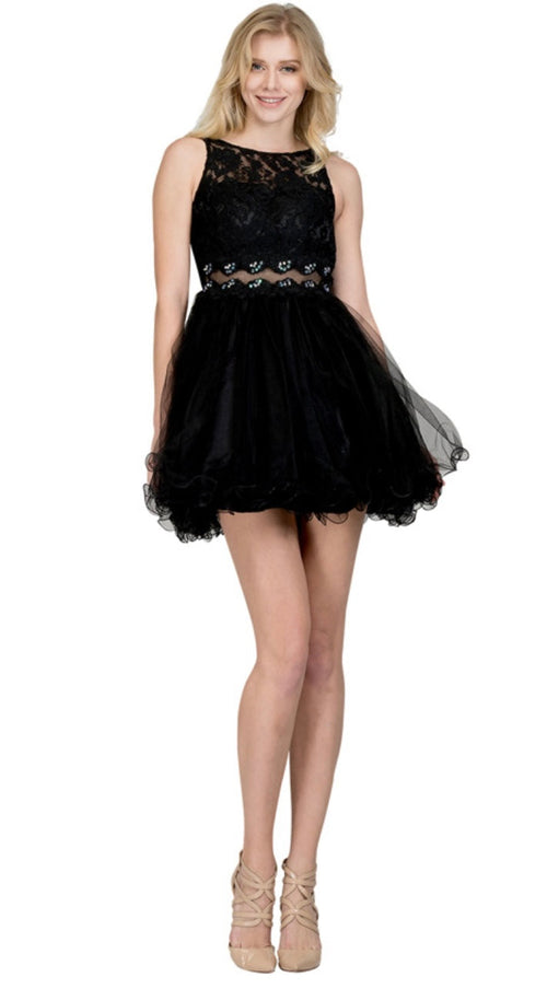 Chicas C1107 Elegant Party Black Illusion Short Beaded Tulle Dress