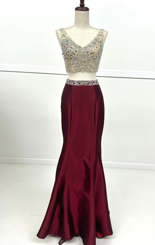 Chicas C3322 Printed Evening Red Mermaid Sleeveless Satin Dress