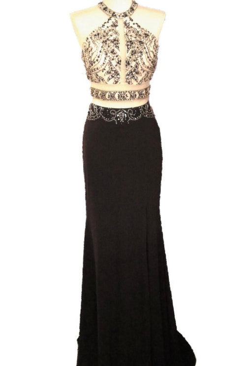 Chicas CR7001 Prom Black Two-Piece Halter Long Fabric Dress