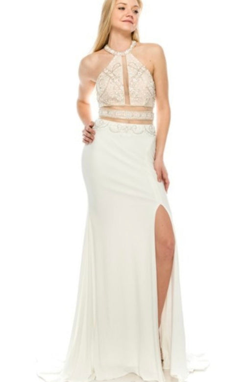 Chicas CR7001 Prom Black Two-Piece Halter Long Fabric Dress