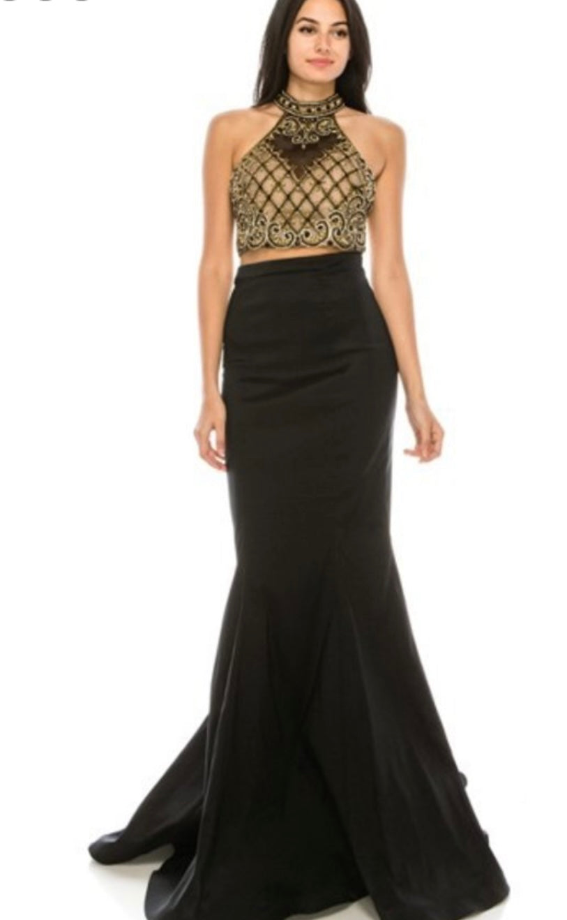 Chicas CR7009 Prom Black Mermaid Illusion Floor-Length Satin Dress