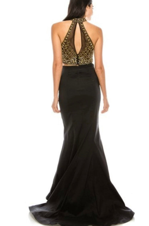 Chicas CR7009 Prom Black Mermaid Illusion Floor-Length Satin Dress