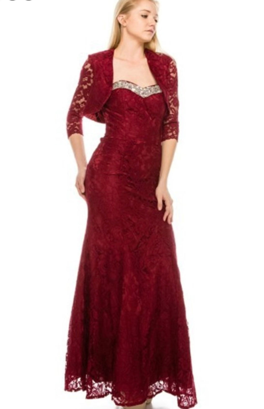 Chicas BK4801 Elegant Evening Navy Fit-and-Flare Sweetheart Floor-Length Lace Dress