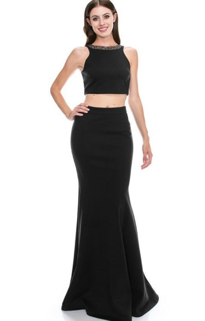 Chicas C2030 Modern Formal Black Mermaid Halter Beaded Fabric Dress
