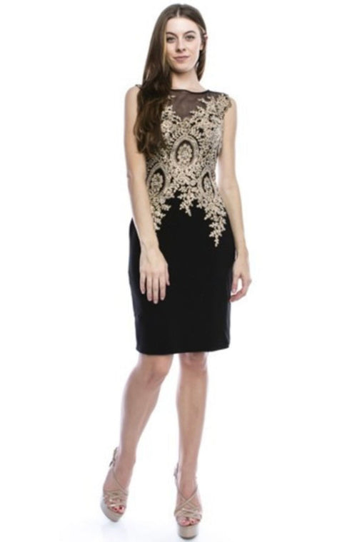 Chicas C7801 Cocktail Black Illusion Embroidered Appliqué Mesh Dress