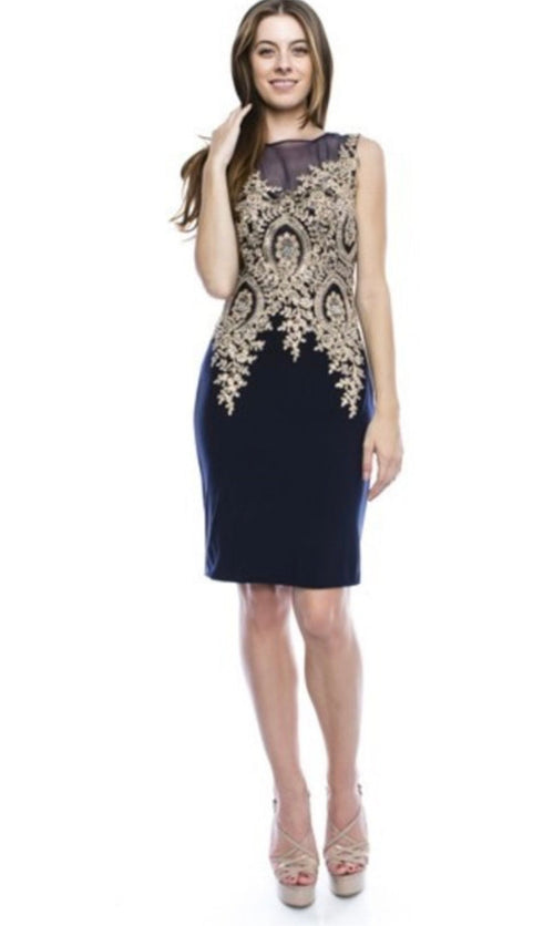 Chicas C7801 Cocktail Black Illusion Embroidered Appliqué Mesh Dress