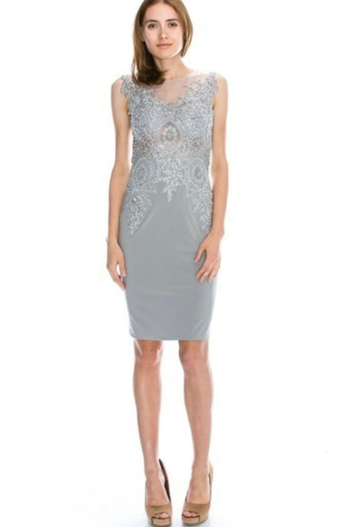 Chicas C7801 Cocktail Black Illusion Embroidered Appliqué Mesh Dress