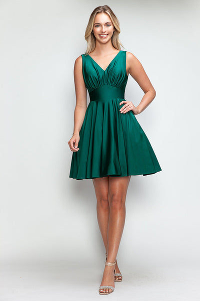 Short V-Neck Satin A-Line Dress with Pockets by Perrty 3090