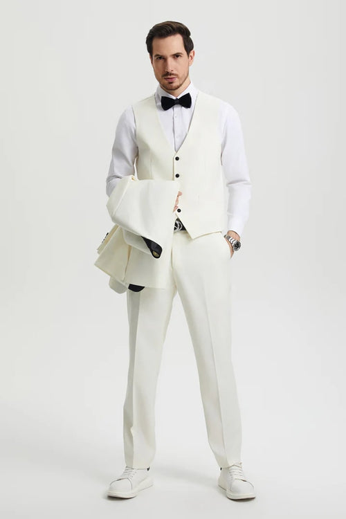 Ivory Prom Tuxedo Suit - Ivory Wedding Suit - Men's Stacy Adams Vested One Button Shawl Lapel Designer Tuxedo