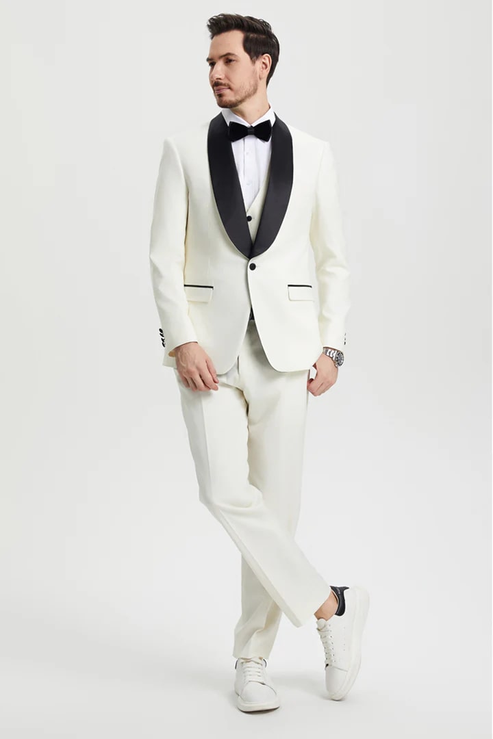 Ivory Prom Tuxedo Suit - Ivory Wedding Suit - Men's Stacy Adams Vested One Button Shawl Lapel Designer Tuxedo