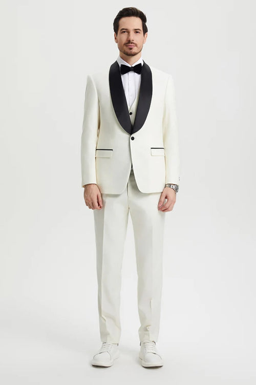 Ivory Prom Tuxedo Suit - Ivory Wedding Suit - Men's Stacy Adams Vested One Button Shawl Lapel Designer Tuxedo