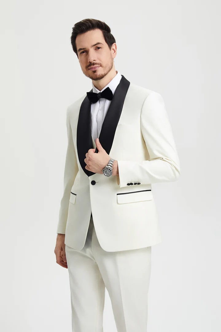 Ivory Prom Tuxedo Suit - Ivory Wedding Suit - Men's Stacy Adams Vested One Button Shawl Lapel Designer Tuxedo