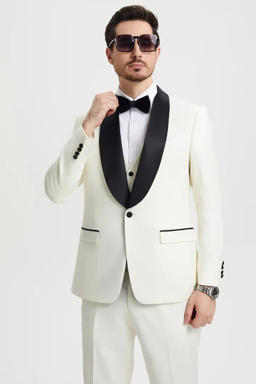 Ivory Prom Tuxedo Suit - Ivory Wedding Suit - Men's Stacy Adams Vested One Button Shawl Lapel Designer Tuxedo