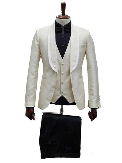 Ivory Tuxedo - Cream Wedding Suit - Off White Groom Shawl Lapel Suit