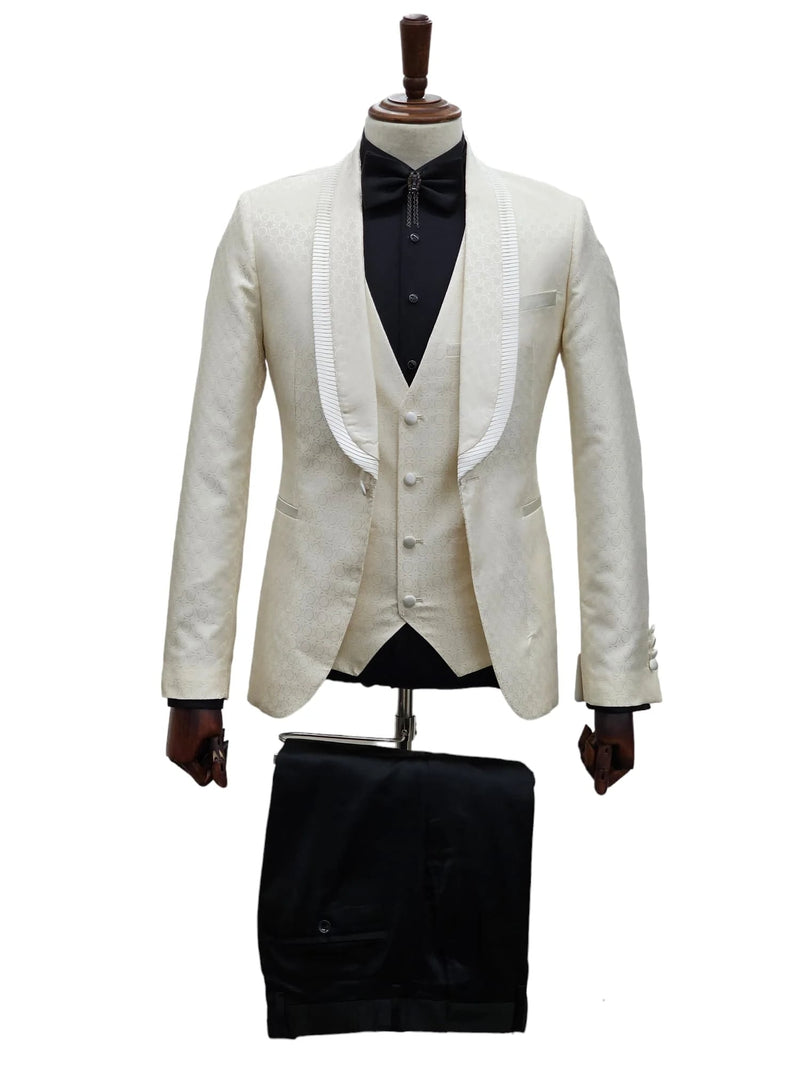 Ivory Tuxedo - Cream Wedding Suit - Off White Groom Shawl Lapel Suit