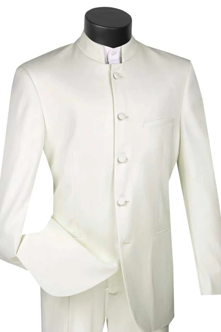 Ivory Prom Tuxedo Suit - Ivory Wedding Suit - Mens Five Button Mandarin Banded Tuxedo