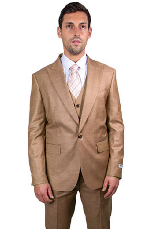 Taupe Sharkskin Stacy Adams Men's 1-Button Suit with Peak Lapel