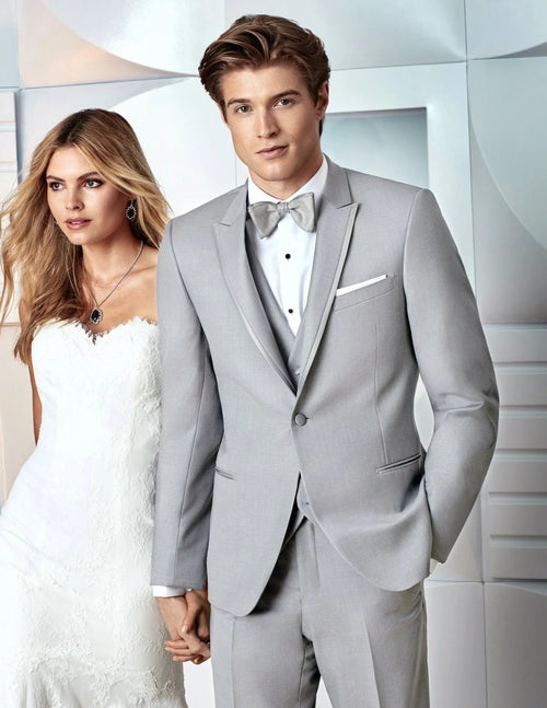 Gray Prom Suit - Mens Designer Marseille One Button Satin Trimmed Peak Tuxedo Light Grey