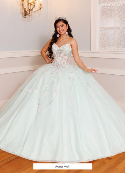 Strapless Quinceañera Ball Gown Floral Lace Corset Tulle Princess Dress by Rachel Allan RQ9000