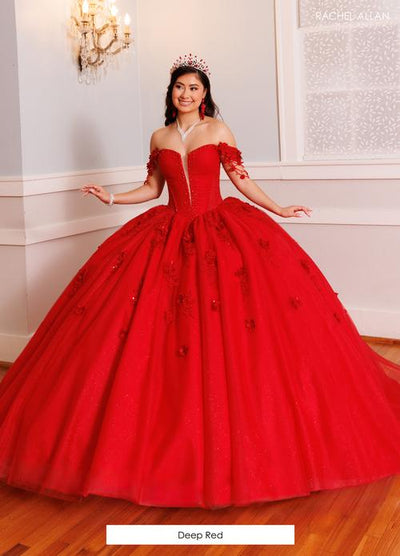 Off-Shoulder Corset Dress with 3D Floral Appliqués Quinceañera Ball Gown by Rachel Allan RQ9003