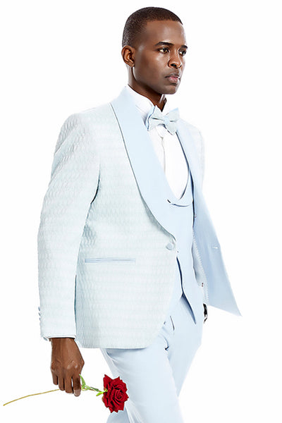 Men's Sky Blue Vested Tuxedo with Honeycomb Pattern
