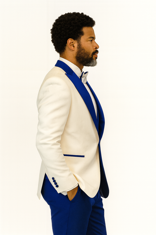 Hilton White and Royal Blue Paisley Peak Lapel Tuxedo Jacket with Matching Shawl Vest and Wool Pants - Includes Bow Tie by USA Men's Outlet