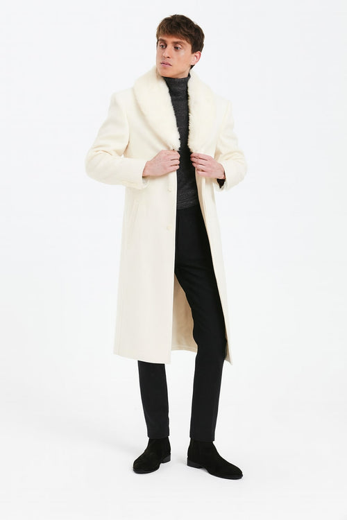 Mens Ivory Full-Length Overcoat with Luxurious Faux Fur Shawl Collar β Cream Winter Dress Coat Off White Color
