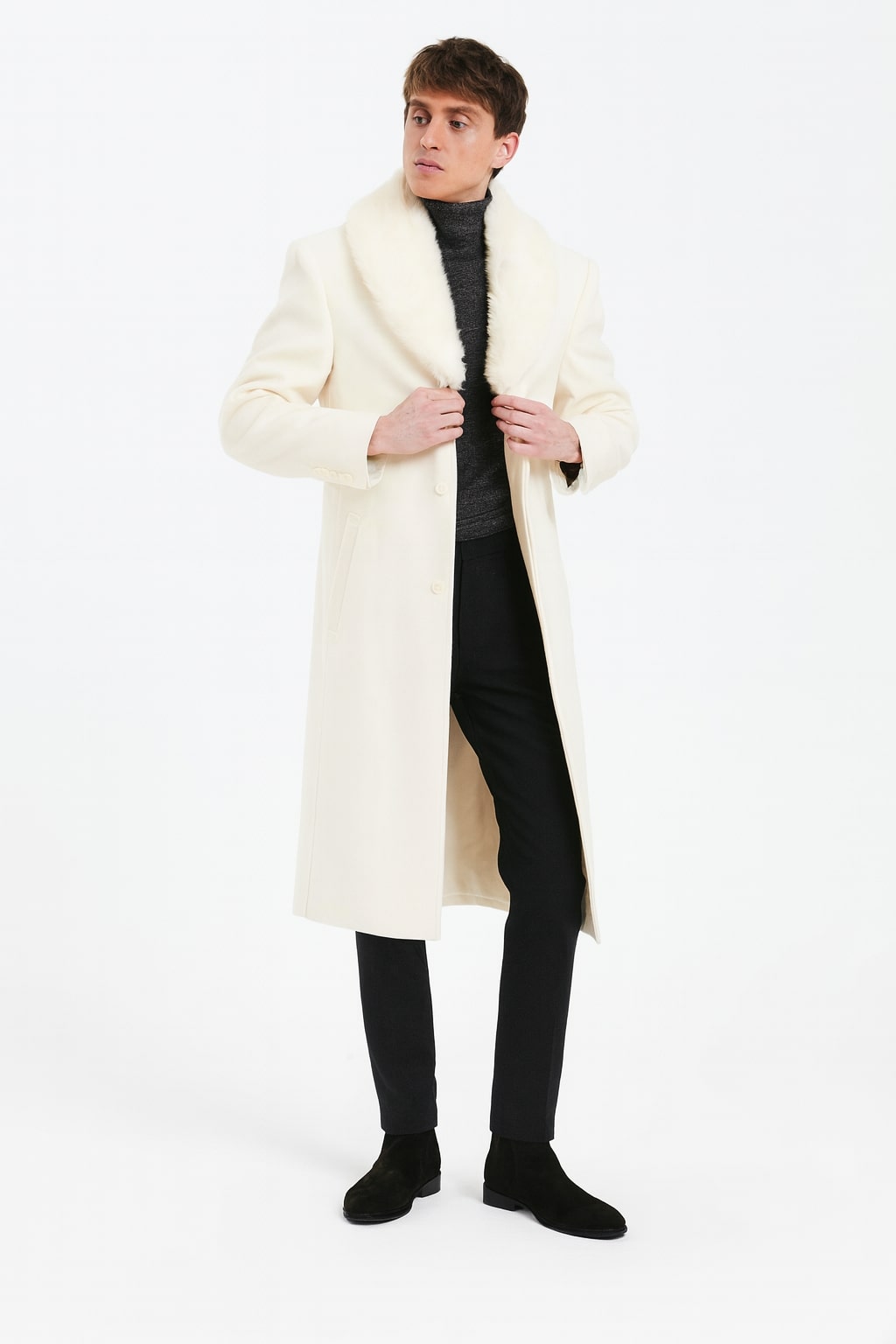 Mens Ivory Full-Length Overcoat with Luxurious Faux Fur Shawl Collar β Cream Winter Dress Coat Off White Color