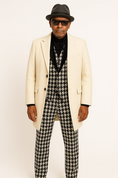 Ivory Overcoat Carmel Zhao Mens 3/4 Length Top Coat - Single Breasted Carcoat USA Men's Outlet