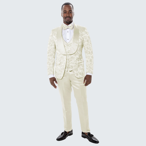 Men’s Wedding & Prom Tuxedo – Ivory Floral Design with Shawl Lapel