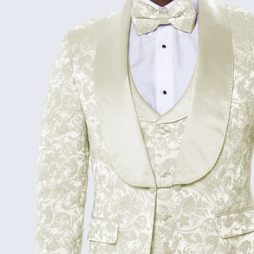 Men’s Wedding & Prom Tuxedo – Ivory Floral Design with Shawl Lapel