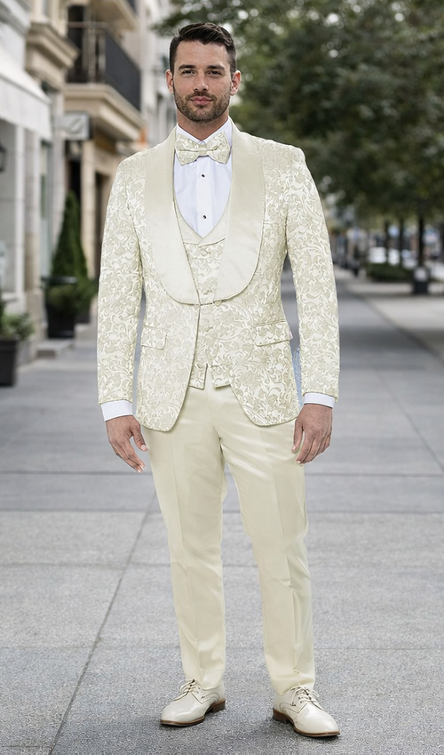 Men’s Wedding & Prom Tuxedo – Ivory Floral Design with Shawl Lapel