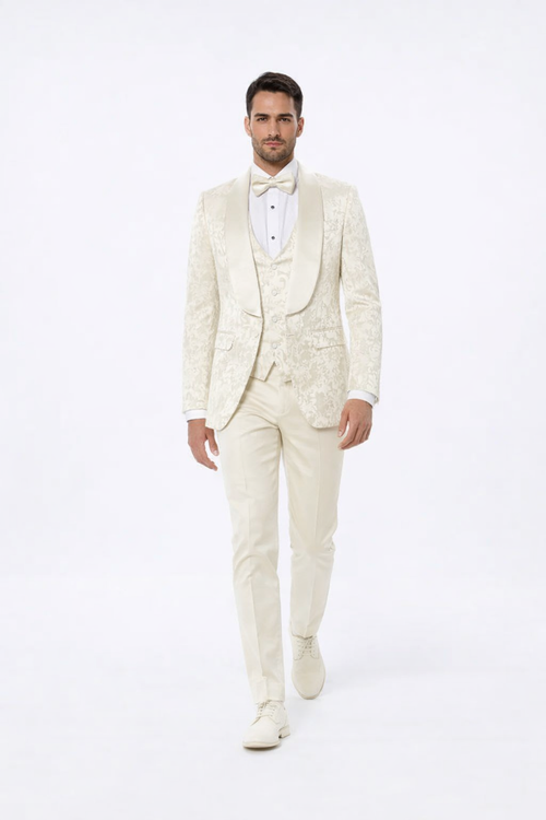 Men’s Wedding & Prom Tuxedo – Ivory Floral Design with Shawl Lapel