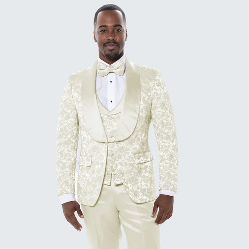 Men’s Wedding & Prom Tuxedo – Ivory Floral Design with Shawl Lapel