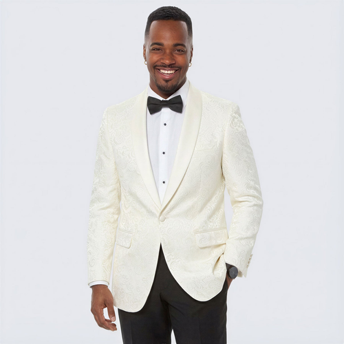 Ivory Paisley Tuxedo Blazer with Shawl Lapel – Stylish Wedding, Groom & Prom Jacket