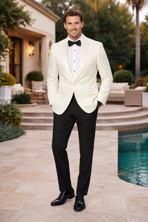 Ivory Paisley Tuxedo Blazer with Shawl Lapel – Stylish Wedding, Groom & Prom Jacket