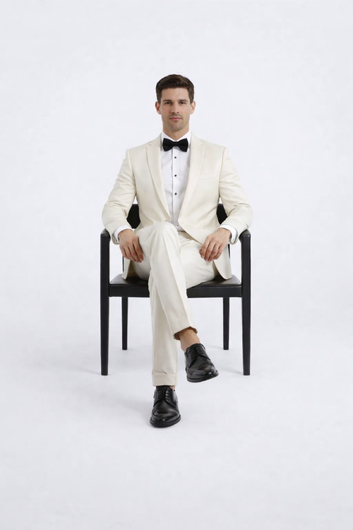 Modern Ivory Slim Fit Peak Lapel Tuxedo – Groom & Prom Look