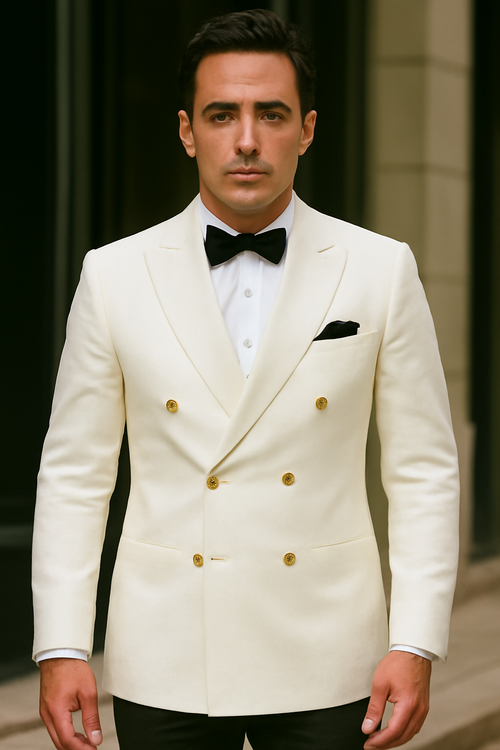 Ivory Double Breasted Dinner Jacket - Cream Dinner Jacket - Off White Color With Gold Buttons by mensusa
