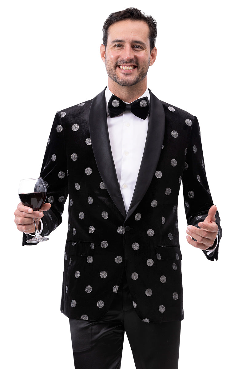 Men's Black & Silver Modern Fit Polka Dot Tuxedo Jacket β SuitUSA