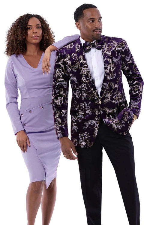 Men’s Purple Floral Embossed Velvet Tuxedo Jacket – Wedding and Prom Wear