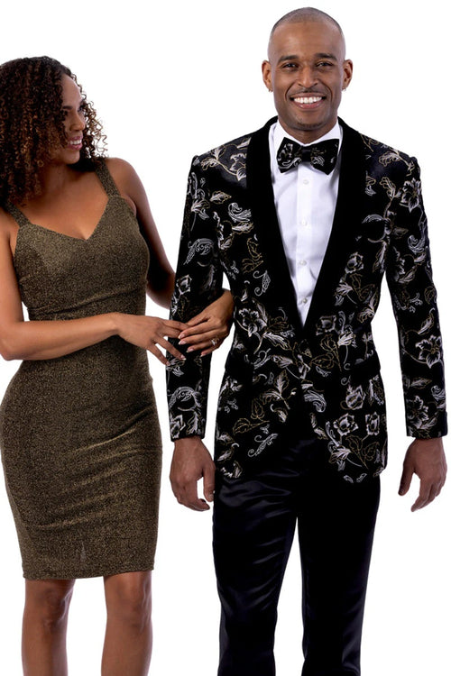 Men’s Black and Gold Paisley Velvet Tuxedo Jacket – Wedding and Prom Wear