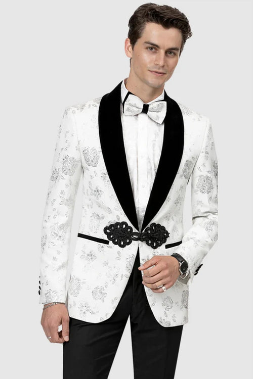 All White Mens Tuxedo - Wedding Suit - Mens Velvet Shawl Lapel Prom Tuxedo Smoking Jacket In White Paisley - Men's Tuxedo USA