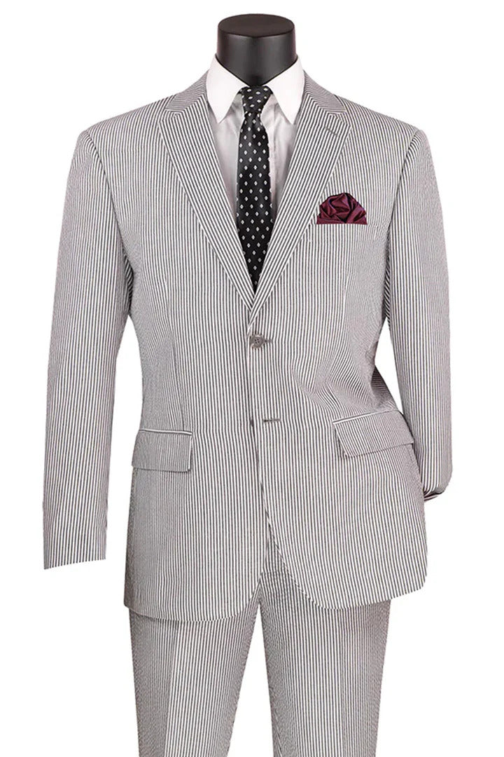 Mens 2PC Summer Seersucker Modern Fit Suit in Black Pinstripe