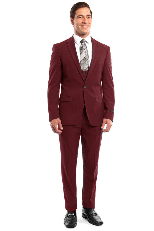 Men's Red Peak Lapel Slim Suit & Vested Set from Tazio Suits