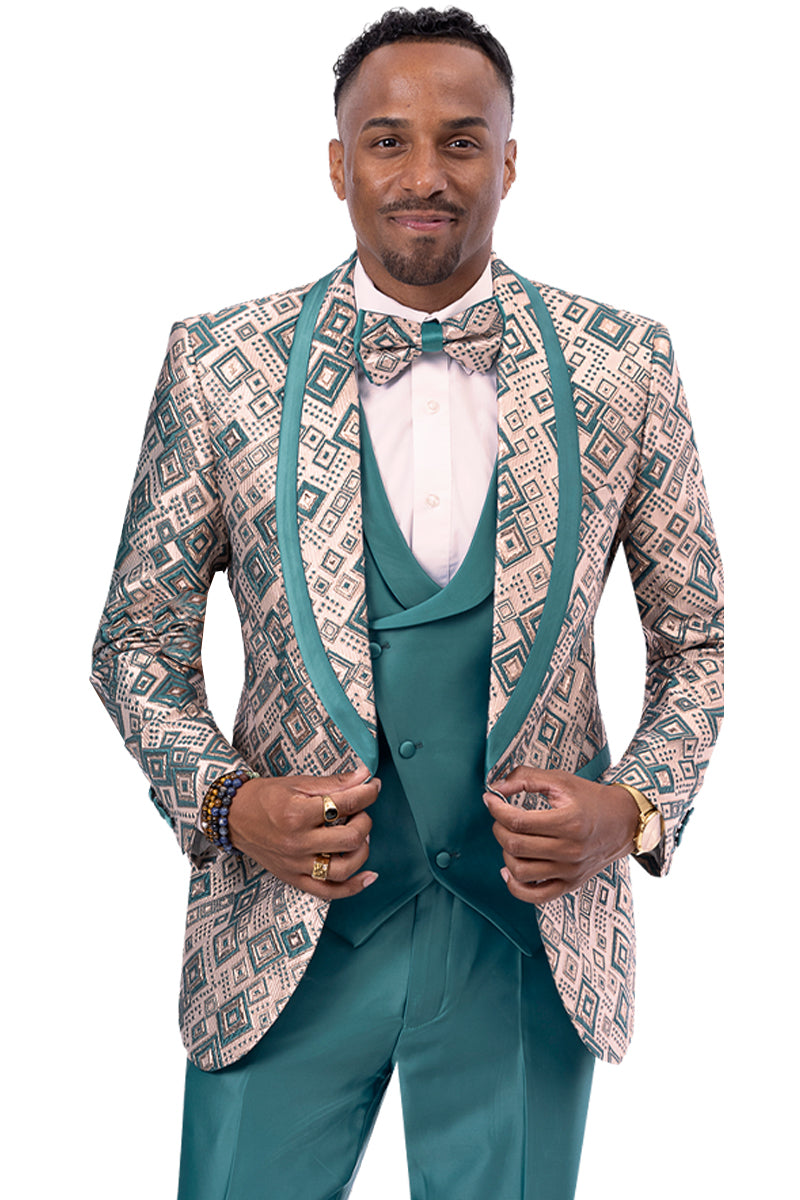 Men's Teal Green Geometric Print Vested Satin Tuxedo. – SuitUSA