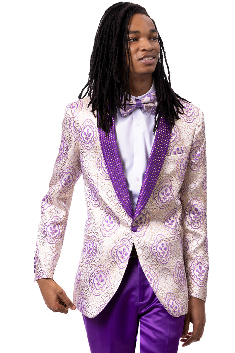 Men's Wedding & Prom Tuxedo jacket in a Purple Floral Paisley with Diamond Studded Lapel. – SuitUSA
